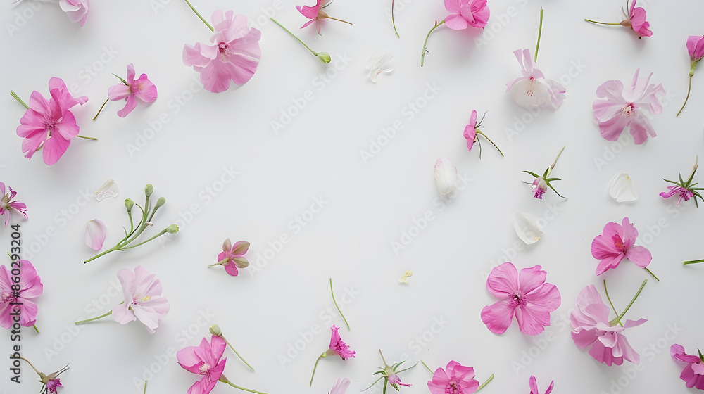 Poster flowers composition frame made of pink flowers on white background valentines day background flat la