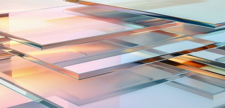 A sophisticated 3D rendered background featuring gradient layers of glass, with each layer reflecting light differently, resulting in a stunning visual effect.
