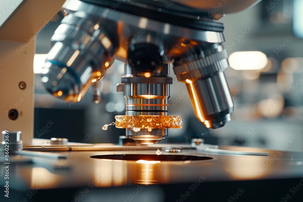 Poster scientist using high resolution microscope to analyze solar cell material in modern laboratory