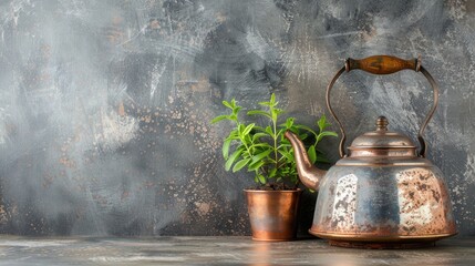 Antique silver kettle with wood handle plant in copper pot on concrete backdrop Space for text