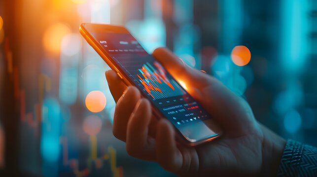 Hand Holding Smartphone with Financial Trading App in Office
