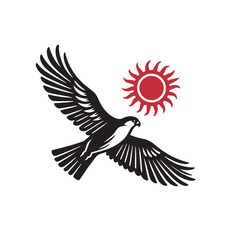 Falcon bird and sun. Vector old emblem. Red and black