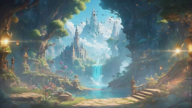 A majestic castle perched atop a waterfall, surrounded by lush greenery and mountains under a clear blue sky with two comets streaking overhead