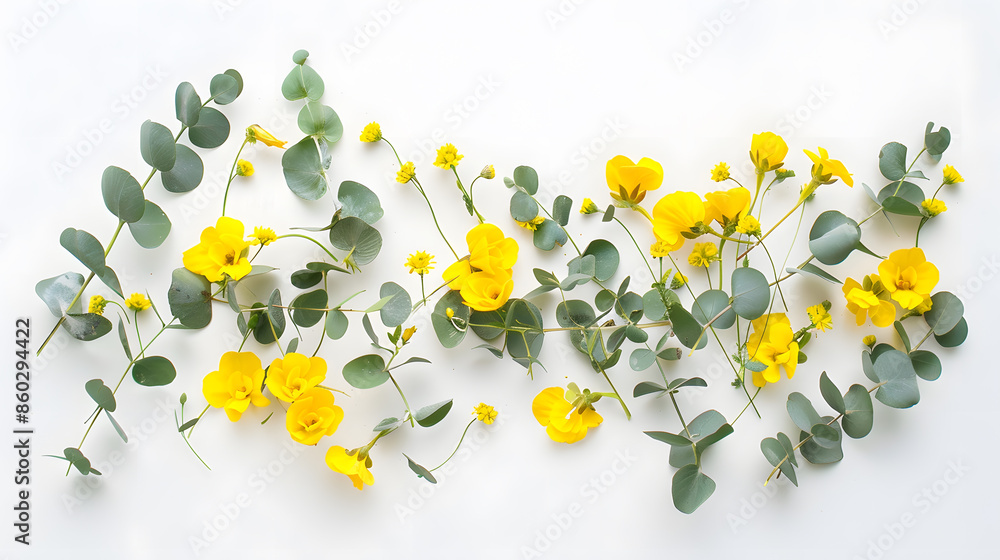 Poster flowers composition yellow flowers eucalyptus branches on white background spring concept flat lay t
