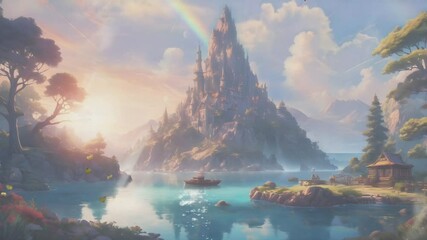 A majestic castle perched atop a waterfall, surrounded by lush greenery and mountains under a clear blue sky with two comets streaking overhead