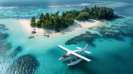 Aerial View of Hybrid Electric Seaplane Flying Over Lush Tropical Islands