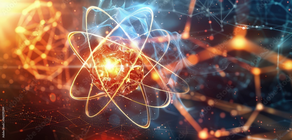 Poster a sophisticated 3d rendering of an atom, with a detailed nucleus and glowing electron orbits, set ag