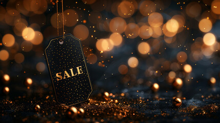 Elegant black sale tag with gold text sparkling