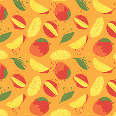 Abstract mango pattern in flat style. Fresh, delicious fruit seamless pattern. Vector background. Summer freshness for health. For background, juice, ice cream or packaging.