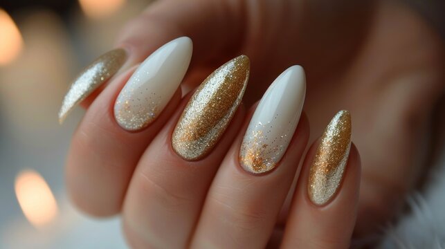 A hand holding a pair of gold and white nail polish with a glittery design