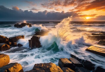 Fototapeta premium powerful waves crashing jetty ocean dramatic seascape view, sunset, water, motion, force, energy, nature, outdoor, scenery, horizon, coastal, structure, pier