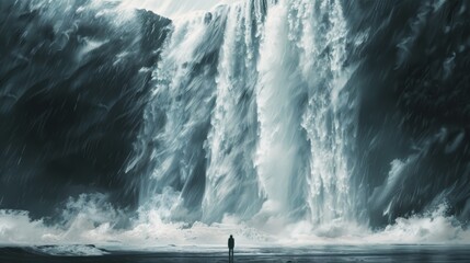 Majestic Waterfall Adventure: Person in Awe at the Powerful Cascading Falls - Nature's Grandeur
