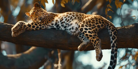 Obraz premium Resting Leopard on Tree Branch A serene full-body shot of a resting leopard lying on a tree branch, showcasing its spotted fur and relaxed posture. 