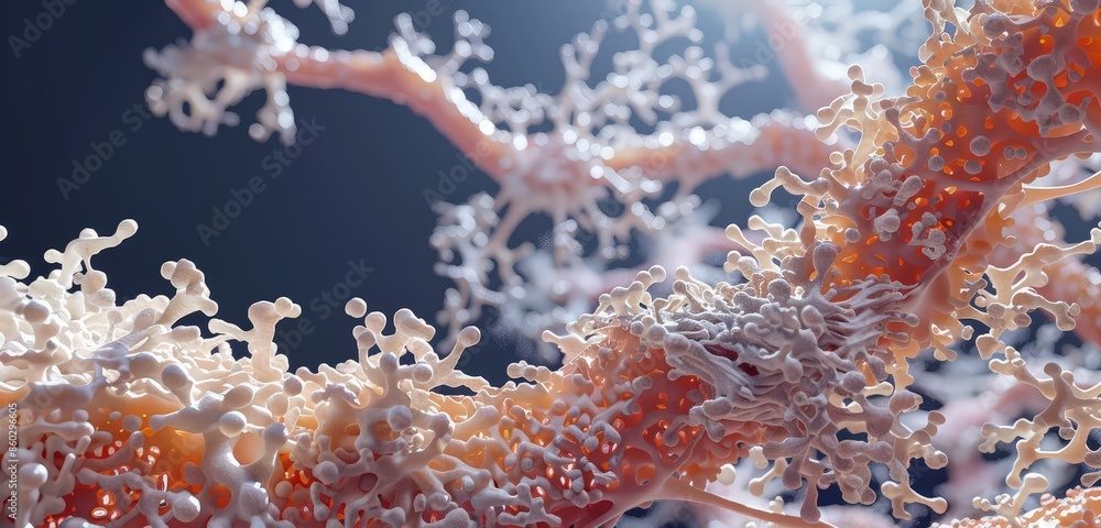 Poster a sophisticated 3d rendering of a cell membrane, with a complex interplay of light and shadow highli