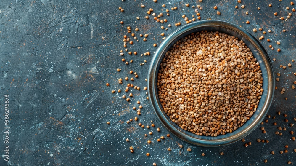 Poster Bowl of buckwheat porridge on textured background Nutritious organic meal Gluten free ancient grain Room for text