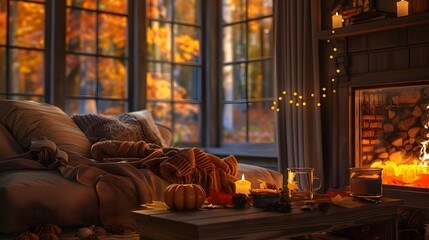 Cozy Living Room Decorated for Autumn with Fireplace and Treats
