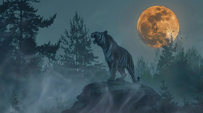Tiger roaring atop rock in misty forest under full moon
 Seamless looping 4k time-lapse virtual video animation background. Generated AI