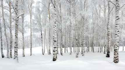 Fototapeta premium Snow-covered trees stand tall in a winter forest landscape