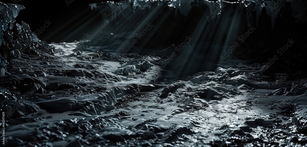 Poster a sophisticated 3d rendering of a dark scene with an ice-covered ground, with a complex interplay of