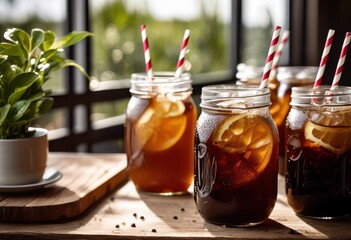 refreshing cold brew coffee mason jars stylish striped straws, iced, drink, beverage, glass, trendy, summer, hipster, caffeine, chilled, container