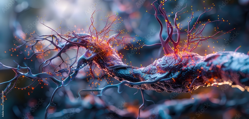 Poster a beautiful 3d rendered scene of a neuron, showcasing the detailed cellular structure and synapses, 