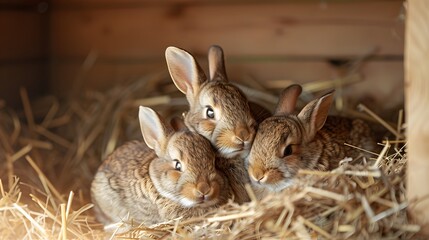 Obraz premium Family of Bunnies Cuddled in a Cozy Hay Nest