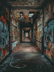 Fototapeta premium A narrow, dark alley winds through aschool building, its stone walls adorned with faded graffiti