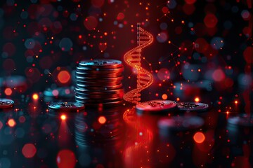 A stack of coins with a DNA structure emerging from them