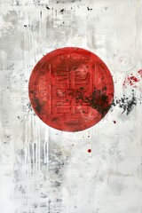 Red Seal On White Abstract Painting With Black And Gray Splashes