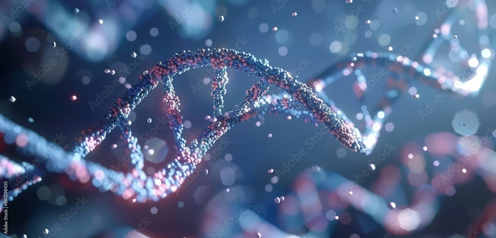 Poster a sophisticated 3d rendering of a dna double helix, emphasizing the nucleotide sequences and molecul