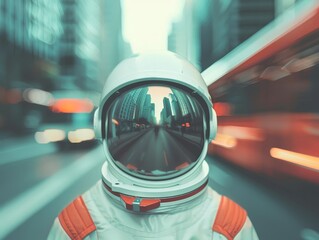 Fototapeta premium Surreal Encounter: Astronaut's Helmet Reflecting Approaching City Bus