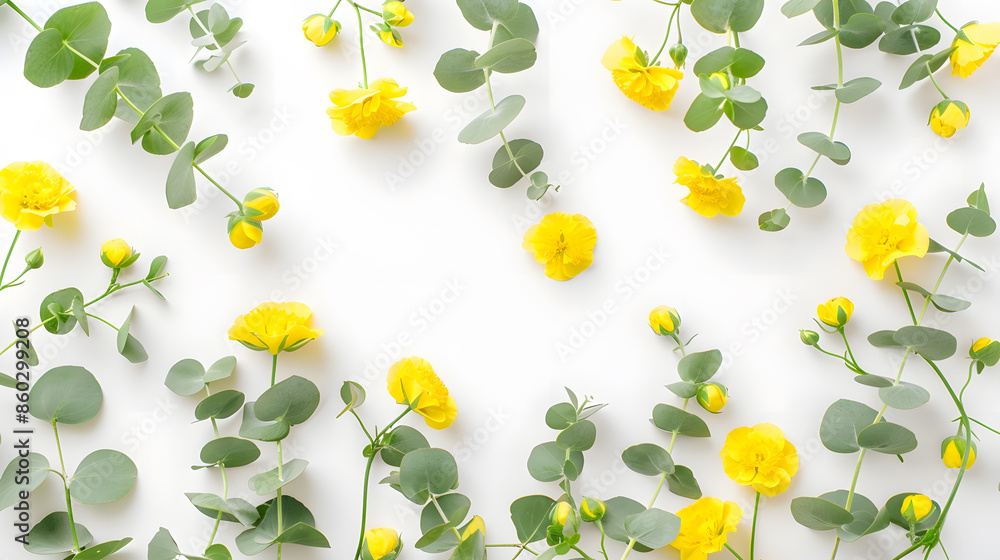 Poster flowers composition yellow flowers eucalyptus branches on white background spring concept flat lay t