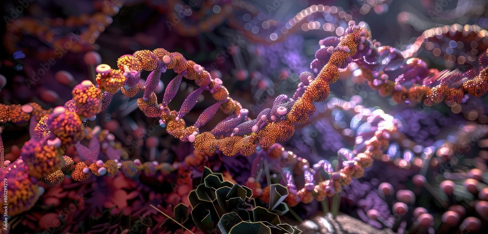 Poster a sophisticated 3d rendering of a dna double helix, emphasizing the nucleotide sequences and molecul