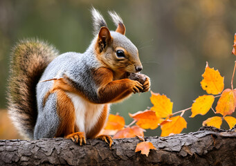 Fototapeta premium Squirrel Enjoying a Snack on a Crisp Autumn Day