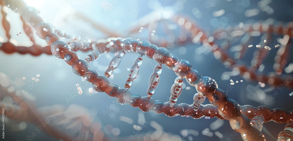 Poster a sophisticated 3d rendering of a dna double helix, emphasizing the nucleotide sequences and molecul