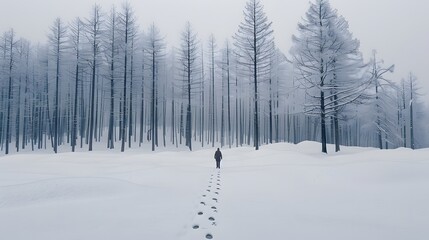 Obraz premium Lone Walker in Snow-Covered Forest