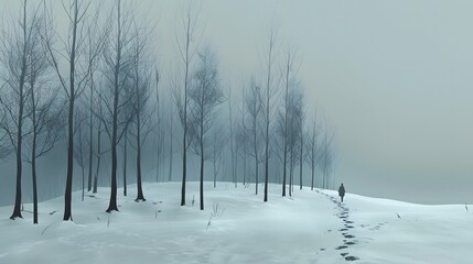 Lone Person Walking Through Snow-Covered Forest