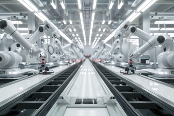 Naklejka premium An advanced production line with robotic arms and a conveyor belt efficiently sorting and packaging goods in a bright, clean factory environment on a white background