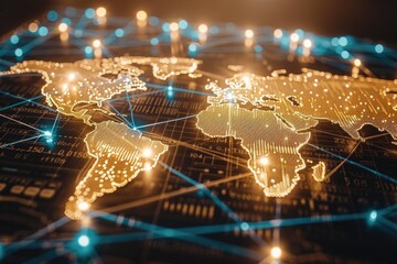 Obraz premium Golden digital world map with blue network connectivity lines on a slick and glossy futuristic background , conectivity.