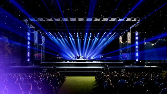 Grand outdoor stage featuring laser light animation with seamless looping in stunning 4K. AI-generated time-lapse background.