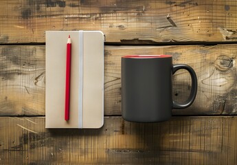 Minimalist Flat Lay of Coffee Mug, Red Pencil, and Notepad on Wood