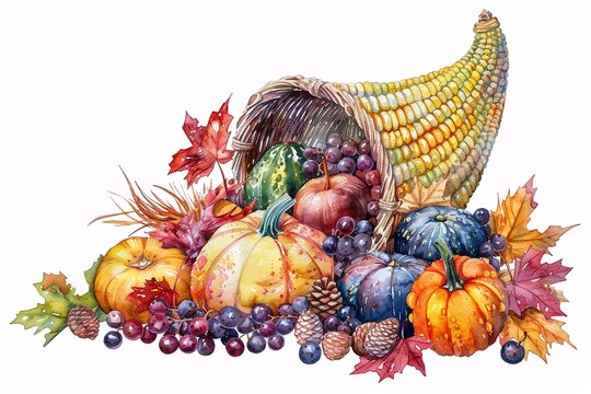 A cornucopia clipart, Thanksgiving element, watercolor illustration, pastel, isolated on white background