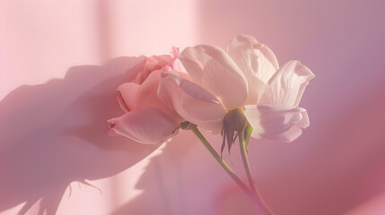 Fototapeta premium Natural flower shadows are blurred on light pink rose and mauve color wall at home at sunrise : Generative AI