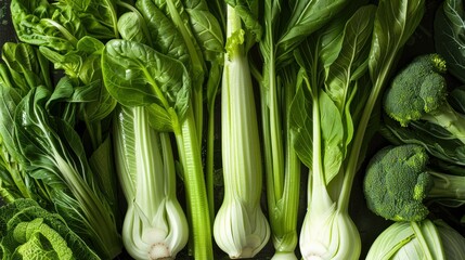 Obraz premium Assorted green veggies including celery, onion, and pak choi with bergamot, showcasing natural flavors and textures