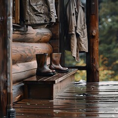 Rain Boots and Raincoat on Rustic Porch with Puddles