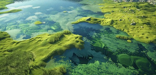 A sophisticated 3D rendering of a green grassland with lakes, with a complex interplay of light and shadow highlighting the vibrant grass and clear waters.