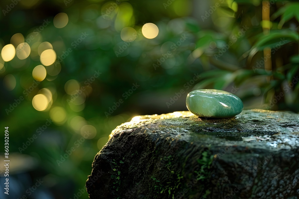 Poster smooth green jade stone resting on a moss-covered rock in a tranquil forest