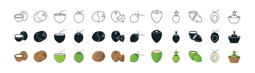 A set of minimal icon set of organic coconut with line, field, and illustration variants