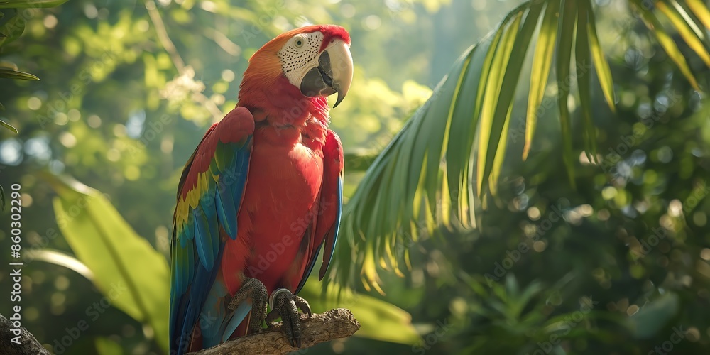 Wall mural Tropical Parrot in Rainforest A vibrant tropical parrot captured in a full-body shot, perched on a branch in the rainforest, showcasing its colorful feathers and exotic habitat. 