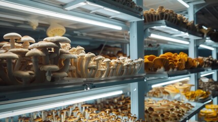 Modern Indoor Mushroom Farm with LED Lights and Vertical Stacked Trays for Sustainable Cultivation